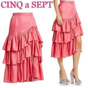 NWT Cinq a Sept Rowan Tiered Satin Ruffle Silky Midi Skirt in Primrose Pink 2